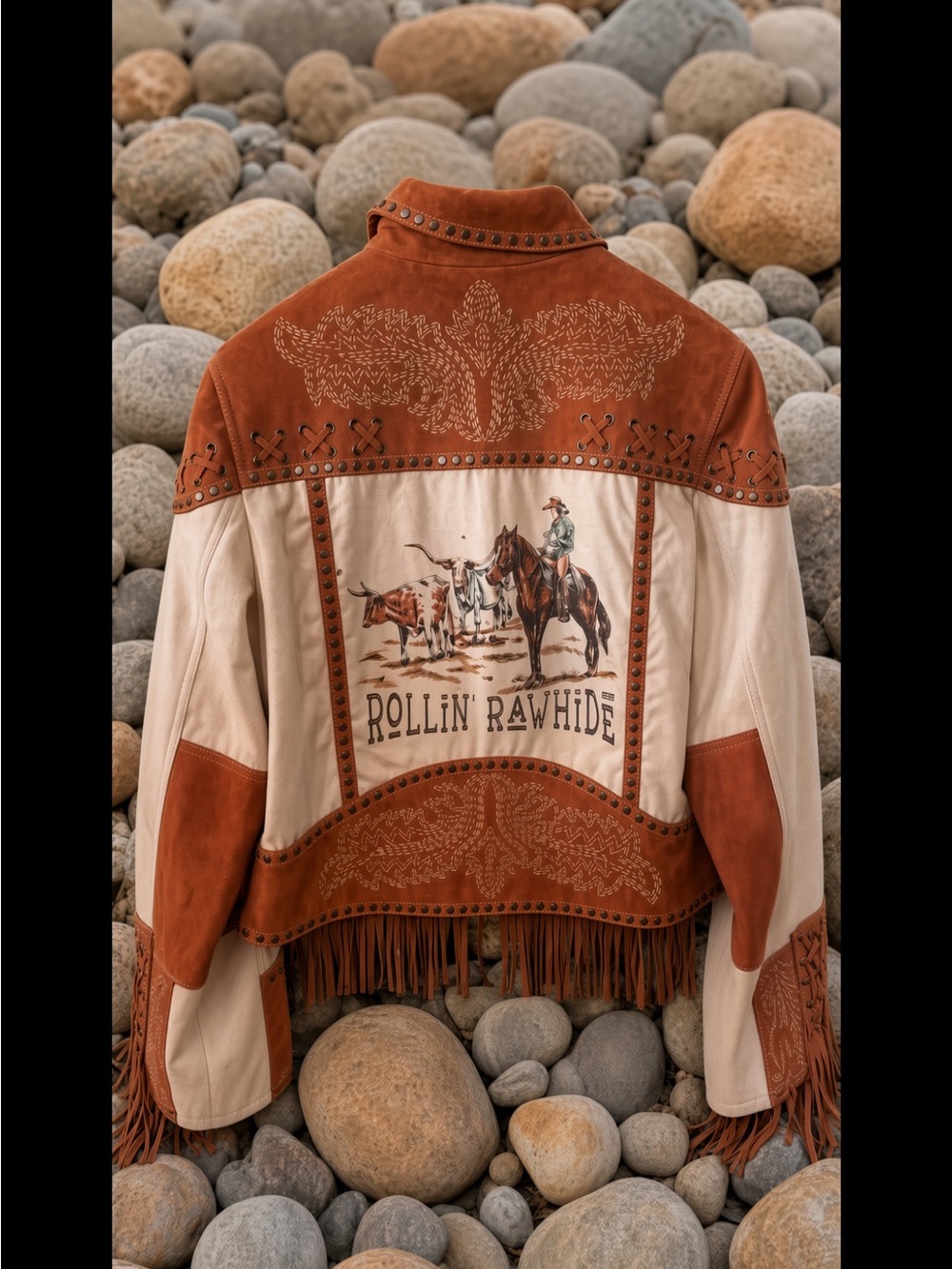 Double D Ranchwear Rollin Rawhide motorcycle Leather Jacket studs lacing cowboy - Picture 10 of 13